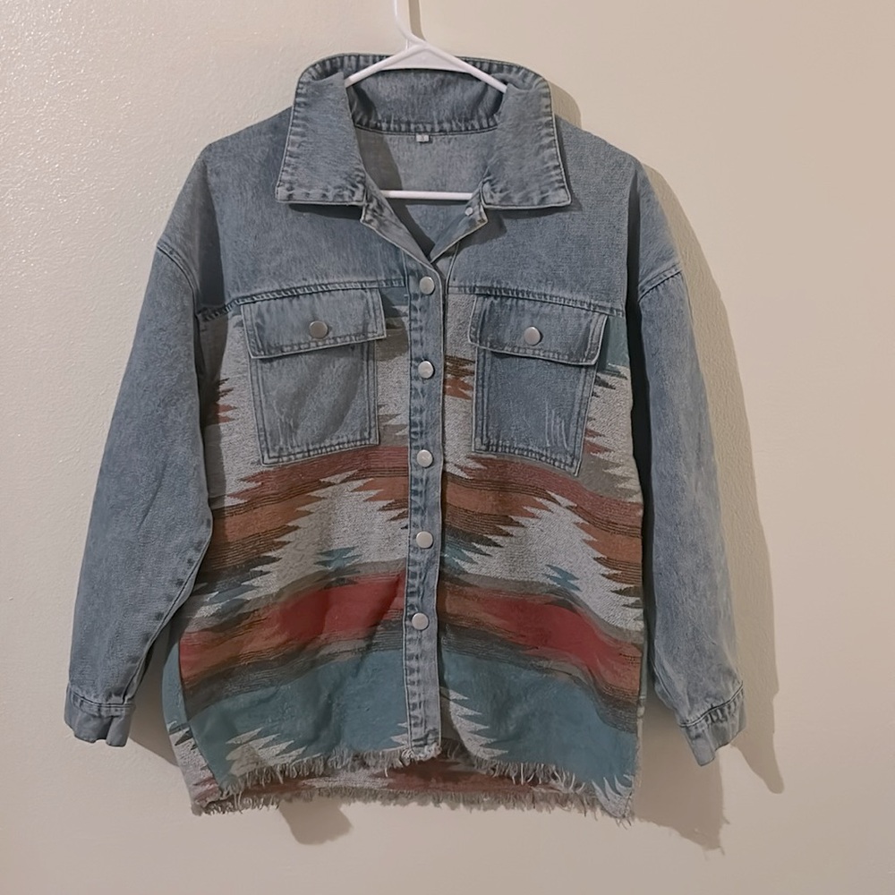 Blue/Orange Southwestern Aztec Tribal Jean Jacket Snap Buttons Pockets Raw Hem